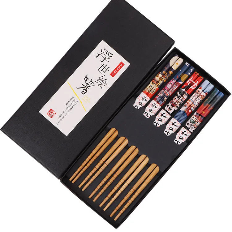 Japanese style bamboo chopsticks with cartoon patterns in lucky cat or elegant blue designs