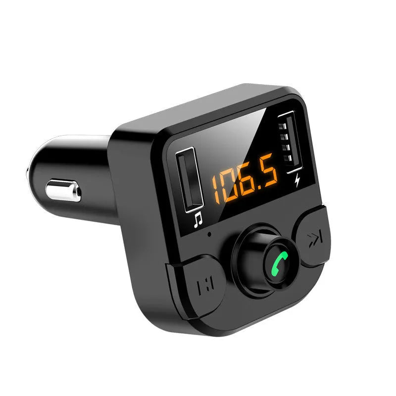 Black BT36B car MP3 Bluetooth player with 1.1-inch screen for cigarette lighter socket.