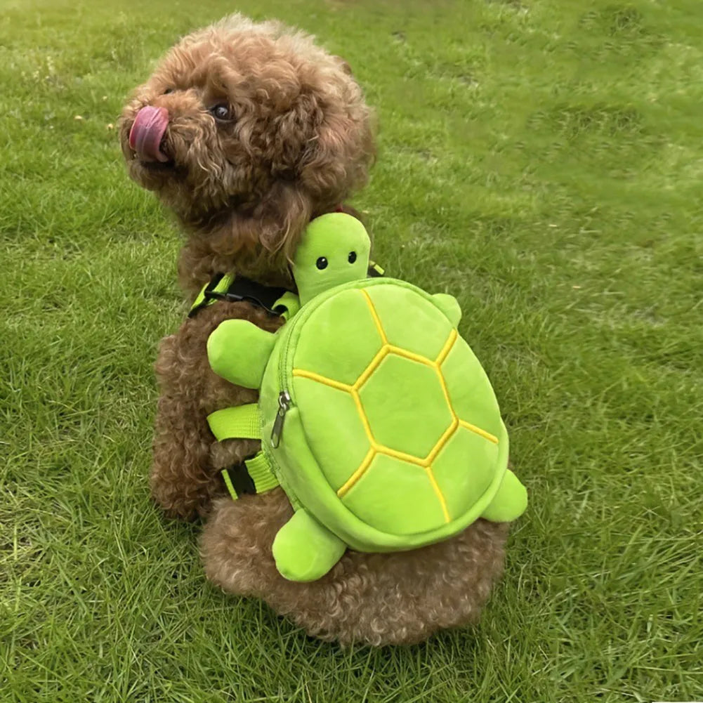 Turtle-shaped dog backpack harness carrier with metal zipper in velvet material