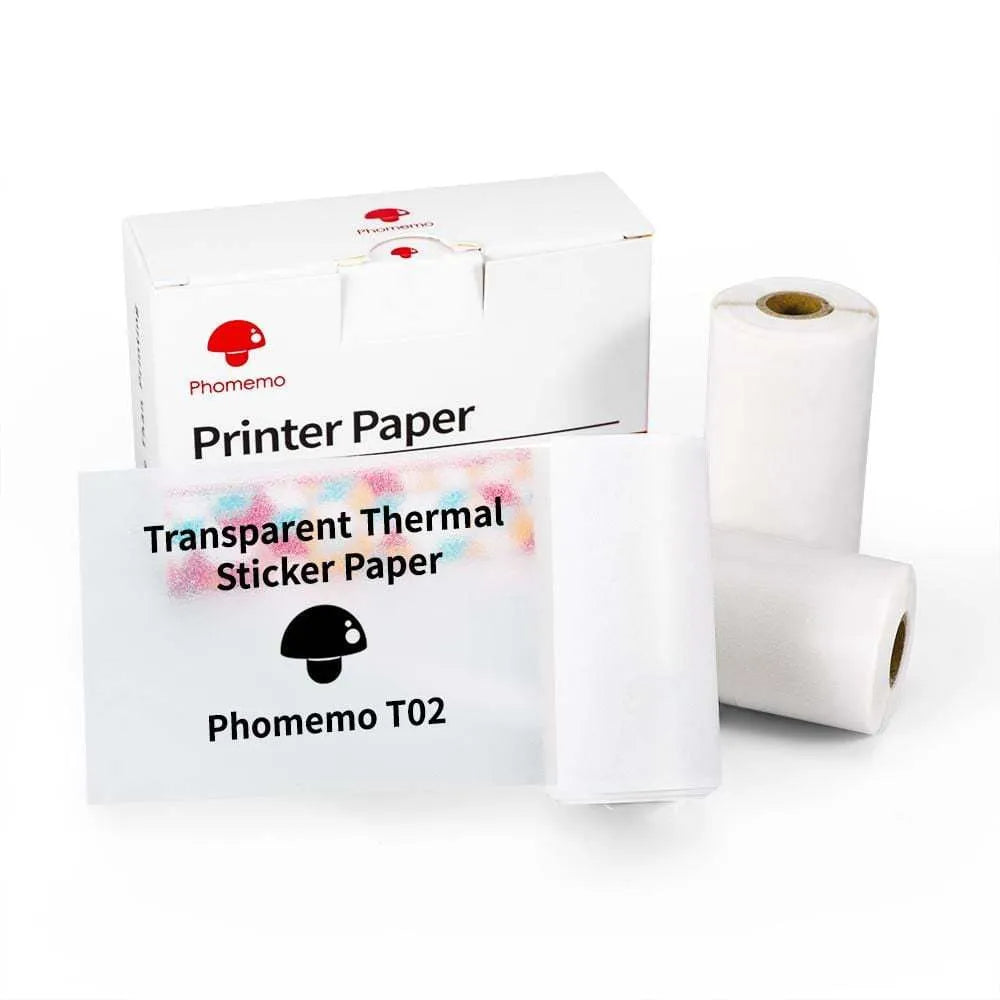 Phomemo T02 mini thermal label printer in white with Bluetooth icon and thermal paper roll, compact 87mm x 90mm x 40mm