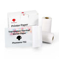 Phomemo T02 mini thermal label printer in white with Bluetooth icon and thermal paper roll, compact 87mm x 90mm x 40mm