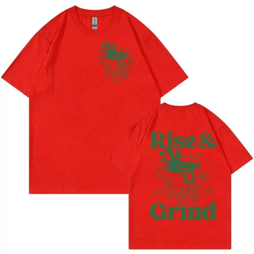 Loose fit linen t-shirt with Rise and Grind cartoon graphic print in multiple colours