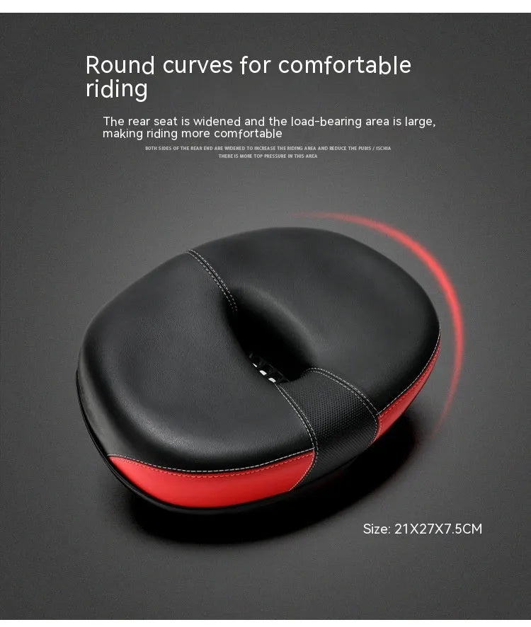 Large red thickened bicycle saddle with shock absorber and reflective sticker, dimensions 210x270mm.