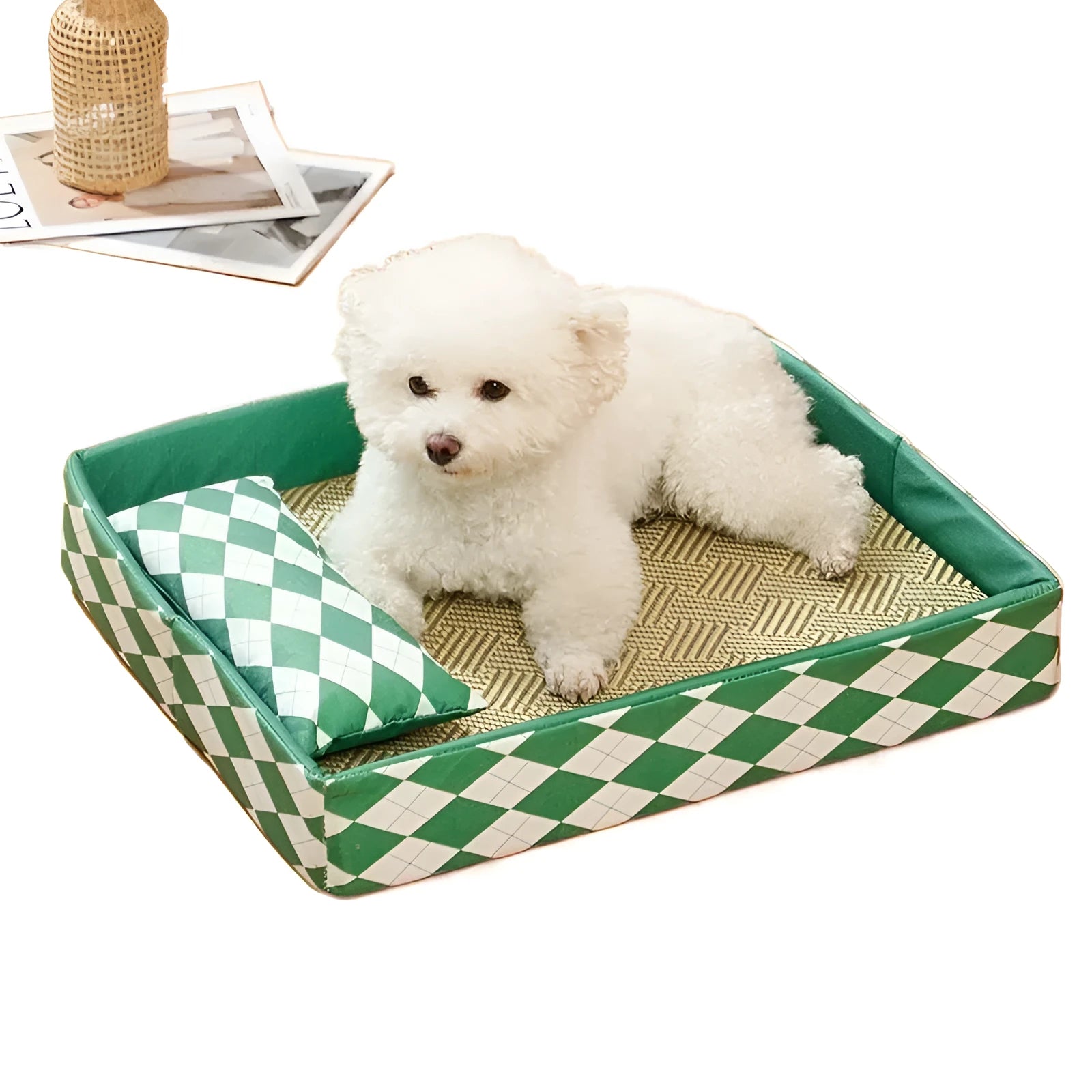 Blue woven rattan cat litter mat and bed showing texture and size scale