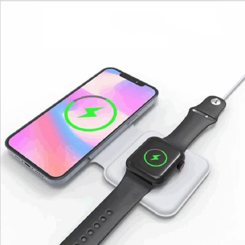 White 2 in 1 magnetic wireless charging dock with foldable design and dual charging surfaces