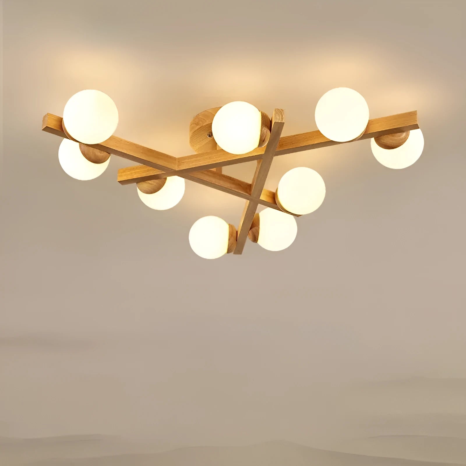 Wooden style modern Nordic ceiling light fixture with three neutral light heads.