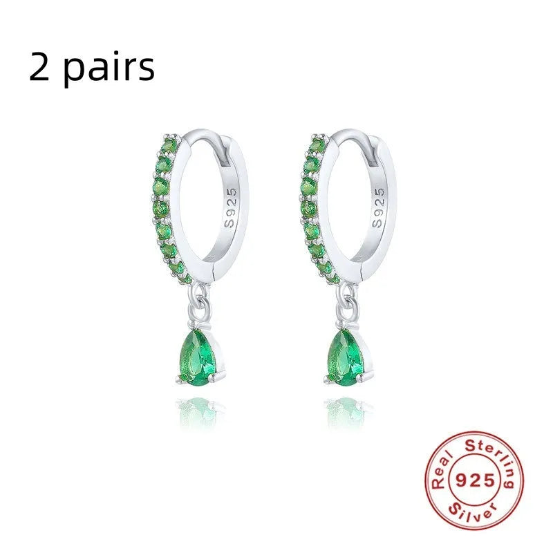 S925 sterling silver geometric water drop earrings with electroplated finish and gemstone accents