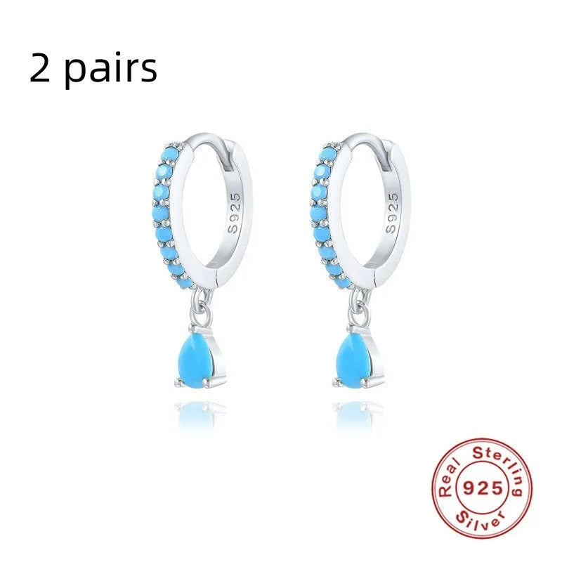 S925 sterling silver geometric water drop earrings with electroplated finish and gemstone accents