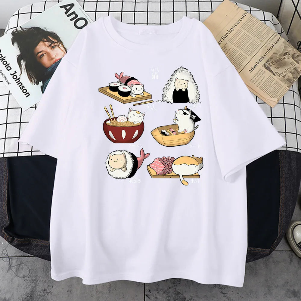 Men's black cotton T-shirt with white cat sushi cartoon print, short sleeves, loose fit