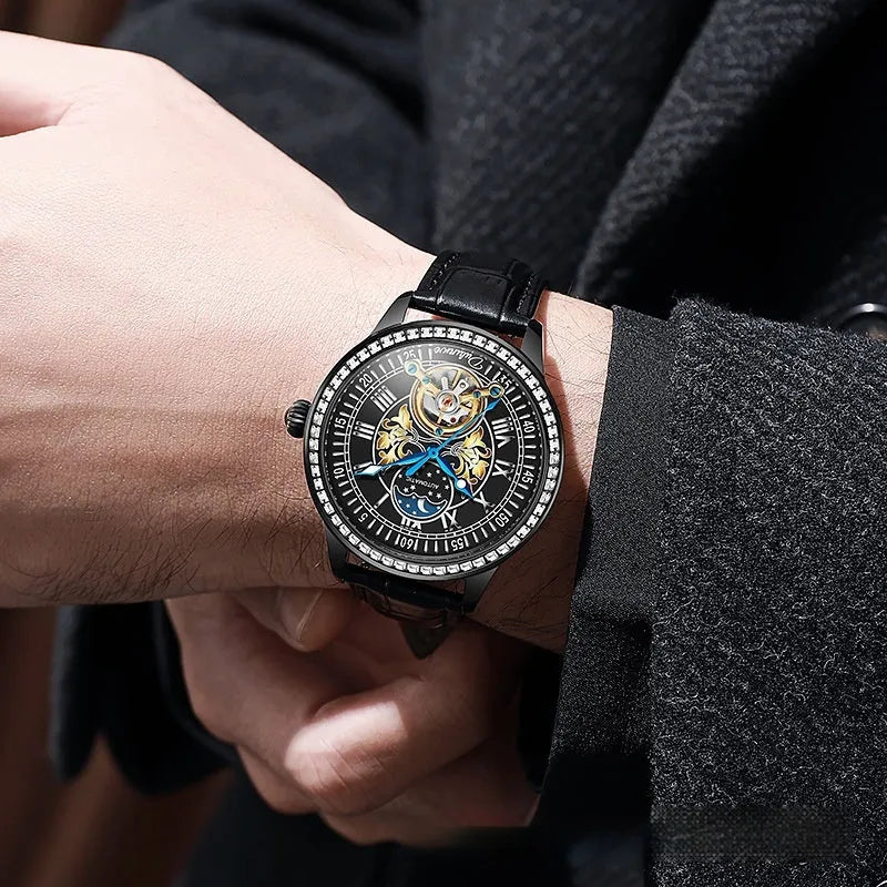 Men's waterproof mechanical watch with stainless steel case and multiple strap colour options