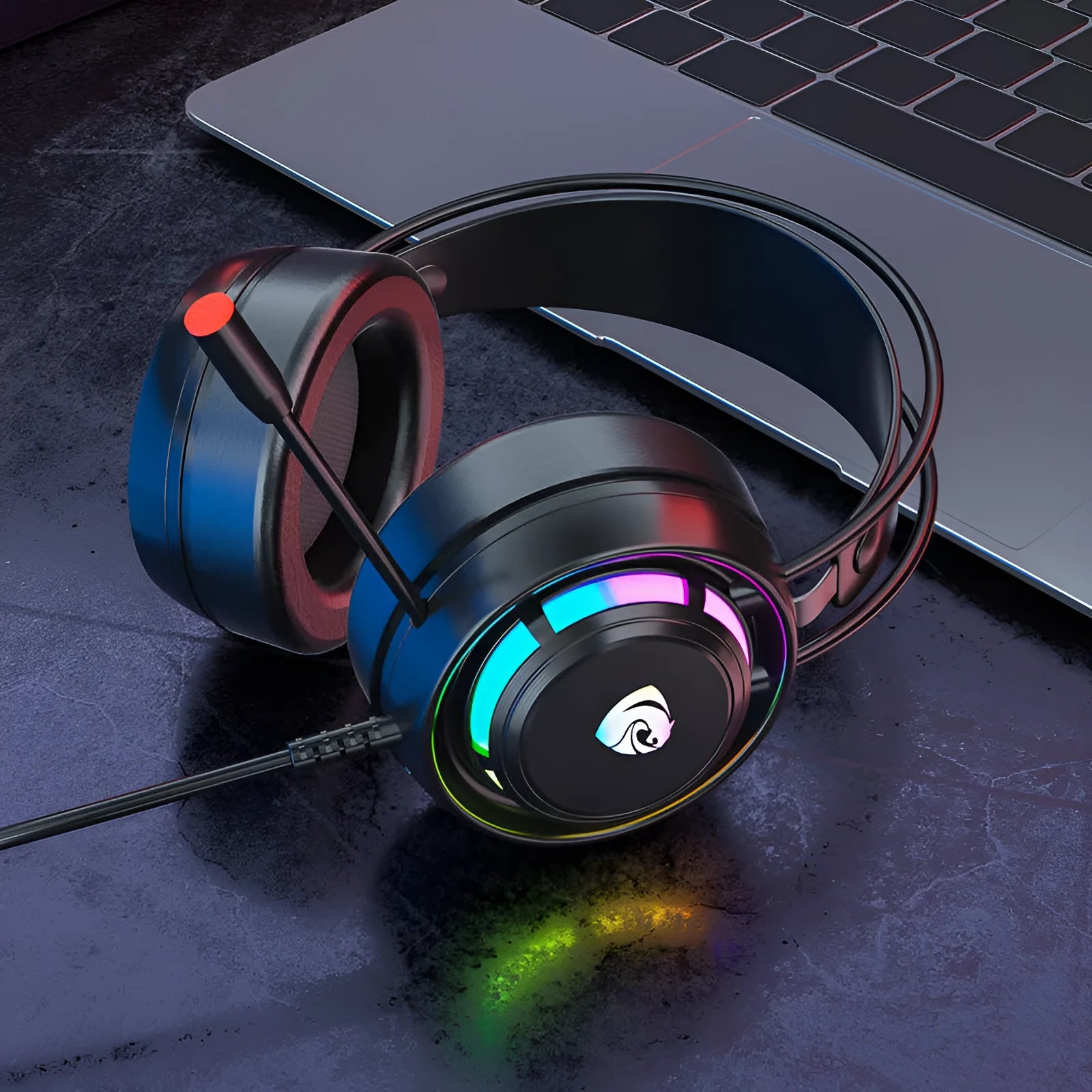Black computer gaming headphones with microphone and 2.2 metre cable showing 50mm ear cups