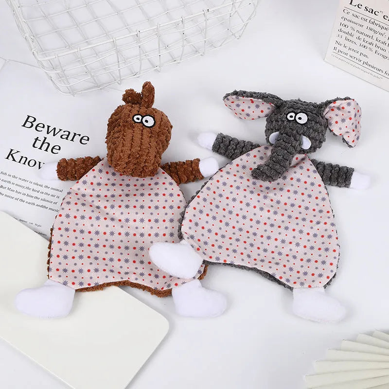 Brown plush velvet fox dog toy with sound paper core, shown next to grey elephant and orange cat versions.