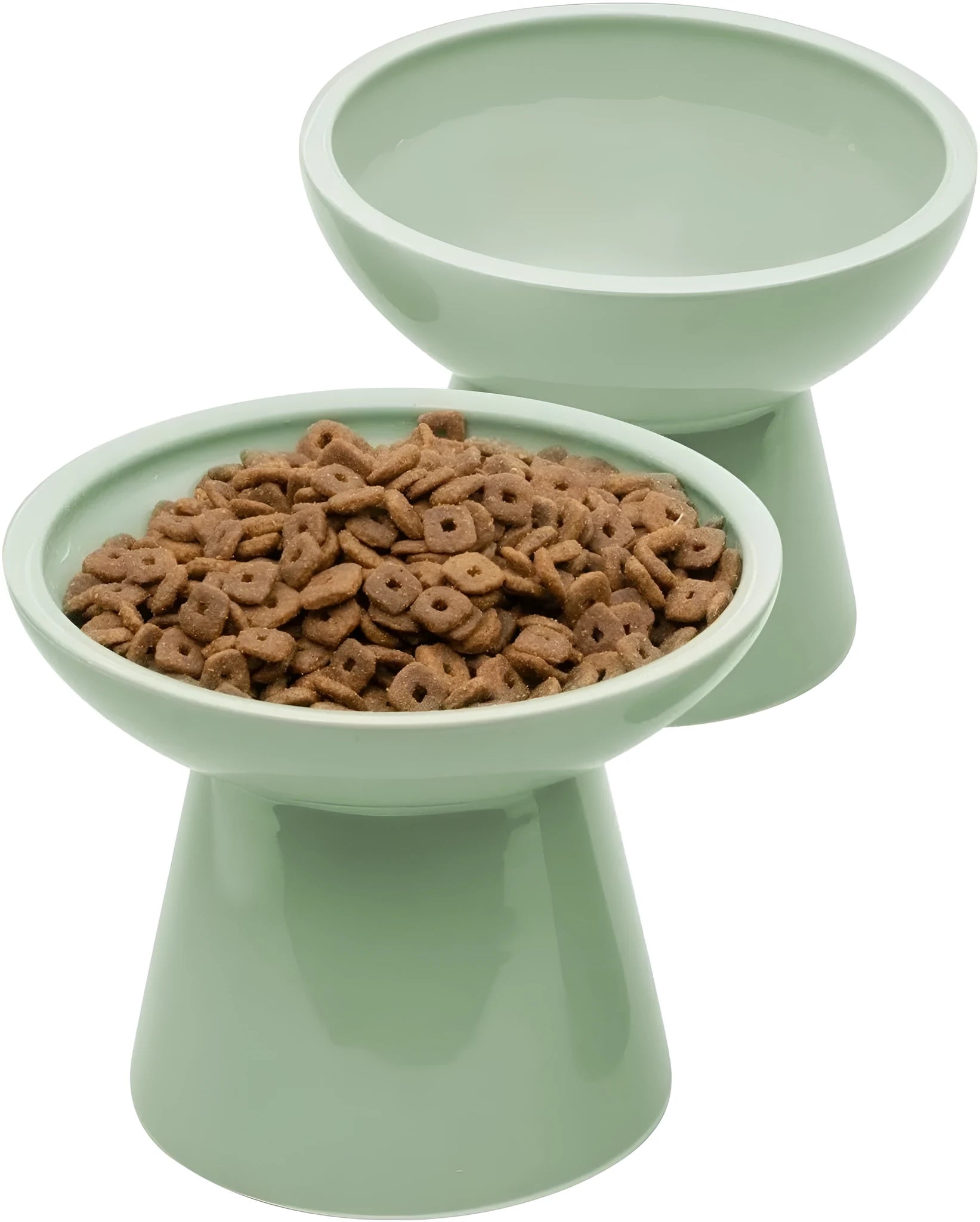 Blue ceramic elevated cat food bowl with wide shallow design next to a matching water bowl.