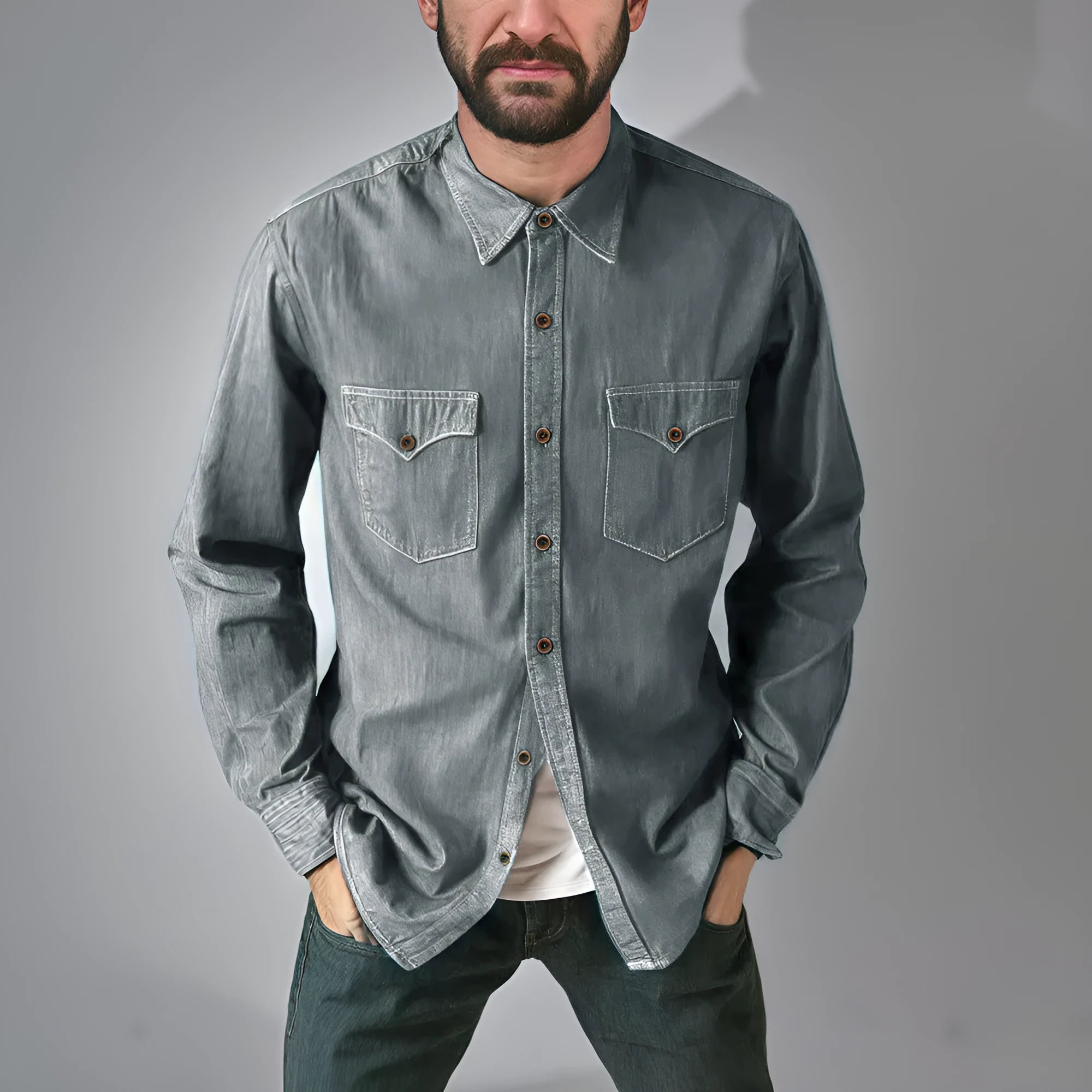 Man's khaki cotton denim cardigan coat open front, regular fit, casual style.