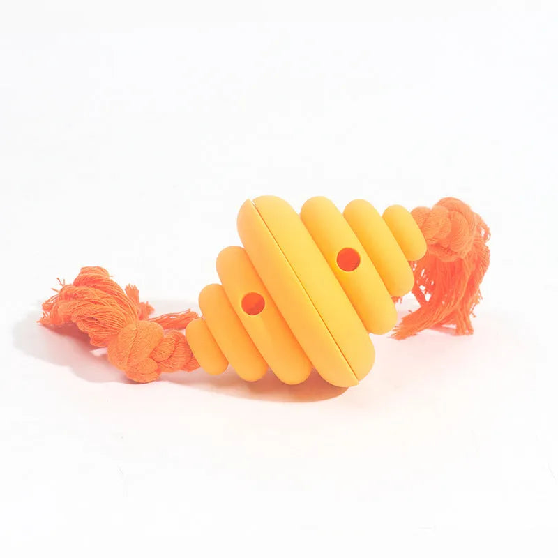 Green and yellow dog ball with knotted rope toy for large breed interactive play and treat dispensing