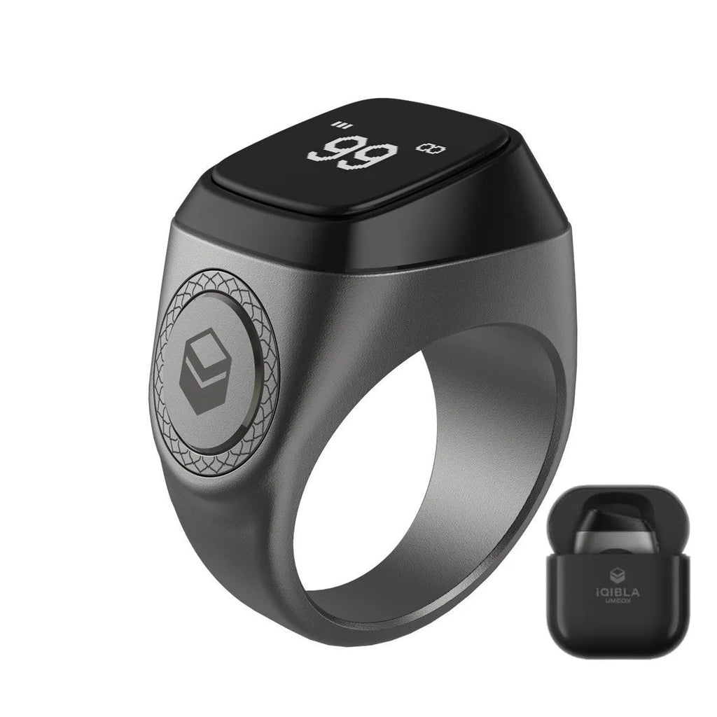 Zikr1 smart ring with OLED display showing prayer times, available in black, green, rose gold, and silver colours