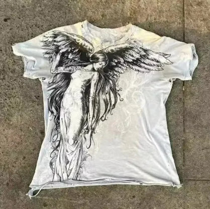 Men's grey Gothic cartoon graphic print short sleeve t-shirt on a hanger.