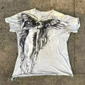 Men's grey Gothic cartoon graphic print short sleeve t-shirt on a hanger.