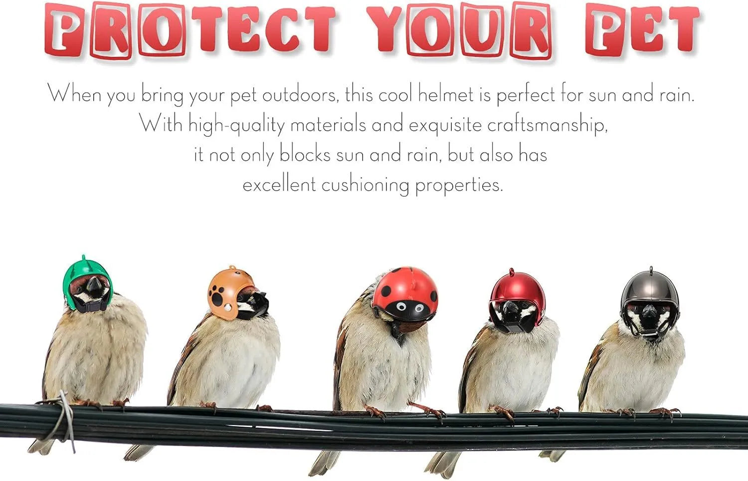 Small hard plastic pet helmet with elastic adjustment straps and sponge lining for chickens and birds