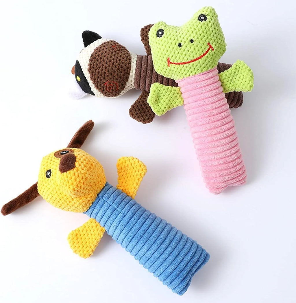 Plush dog squeaky chew toy in animal shape measuring 19cm long
