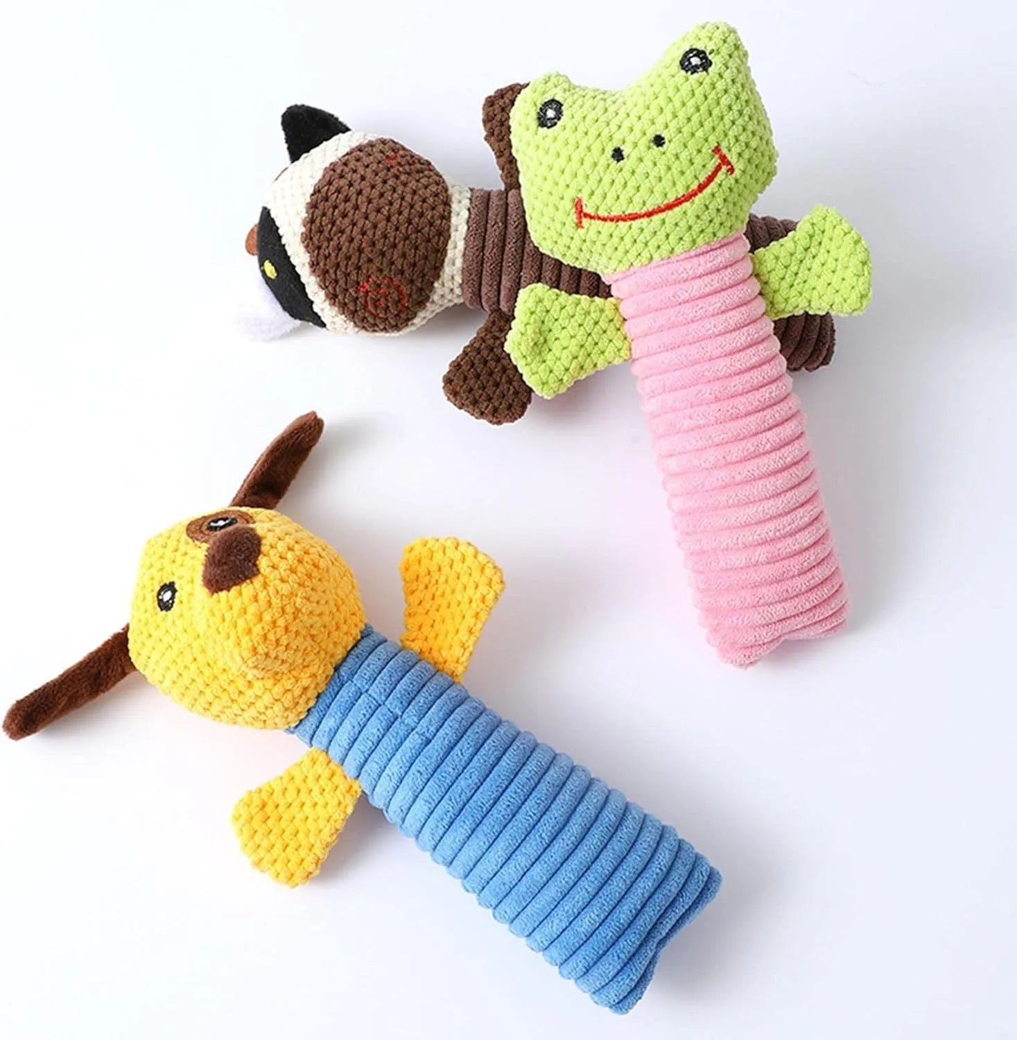 Plush dog squeaky chew toy in animal shape measuring 19cm long