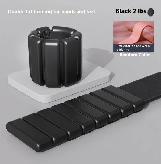 Silicone fitness bracelet with Velcro strap shown in pink, black, grey, and blue colours, with 1lb and 2lb weight options.