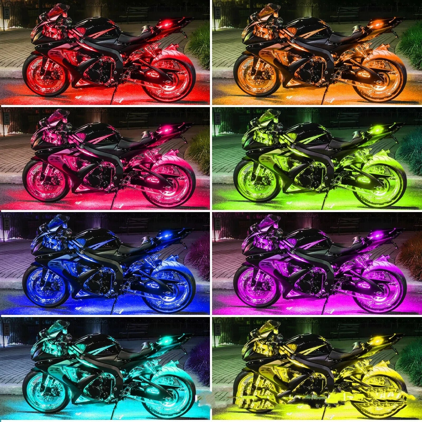 Black silicone RGB LED light bar for cars and motorcycles with wireless remote control receiver.