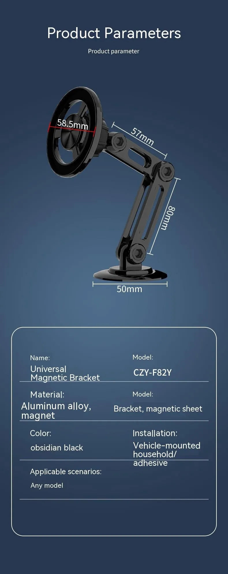All-metal magnetic car phone holder in black, silver, gold, and rose gold with magnetic rings and adhesive pads.