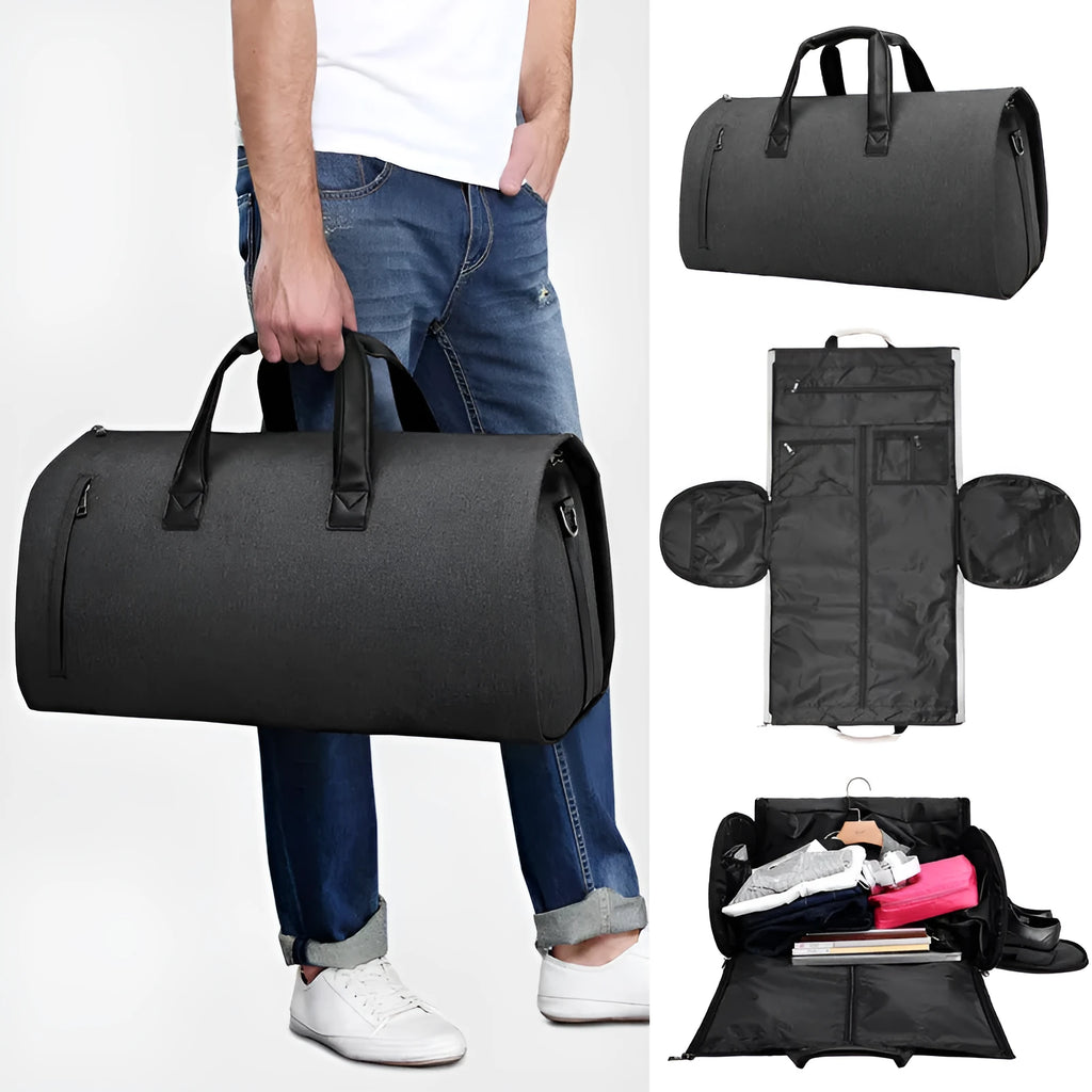 Men's oval travel bag in light grey showing internal compartments for wet-dry separation and organisation