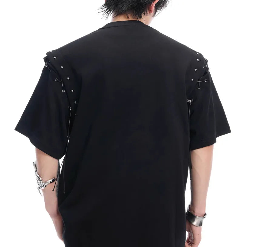 Black short sleeve T-shirt with a side cutout and white lace-up fastening detail.