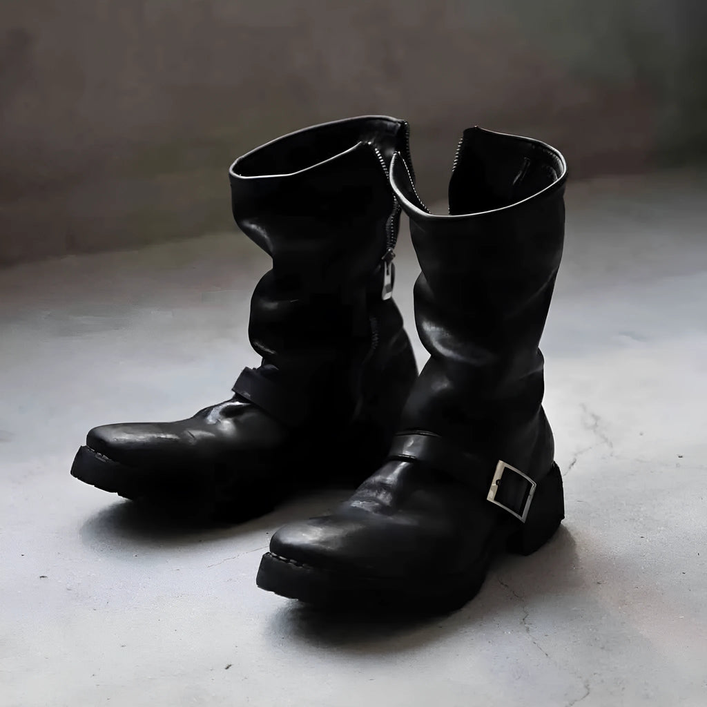 Men's dark retro Martin boots with side zip closure and round toe in black microfiber or genuine leather