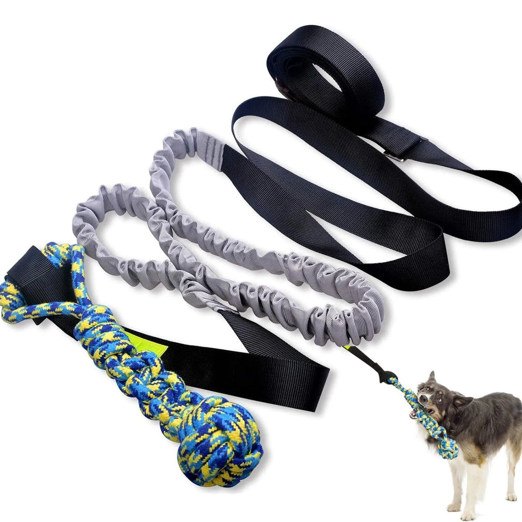 Cotton thread dog tug rope toy with green ball attachment for bite and pull play