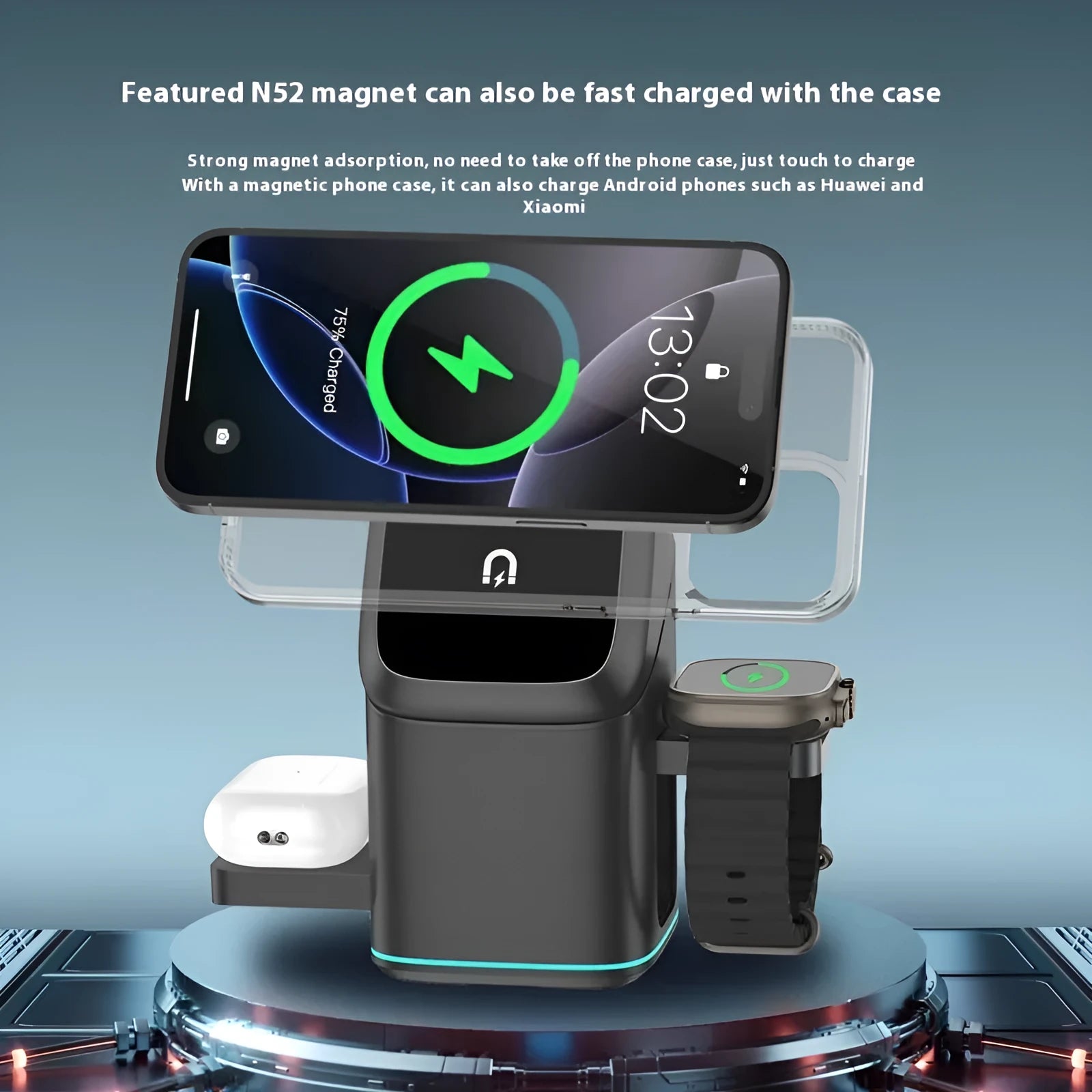 Mobile phone magnetic wireless charging stand showing 180-degree rotation feature in black finish