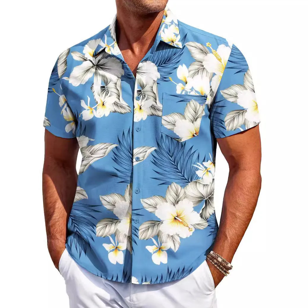 Men's slim fit Hawaiian shirt with short sleeves in elastic polyester fabric