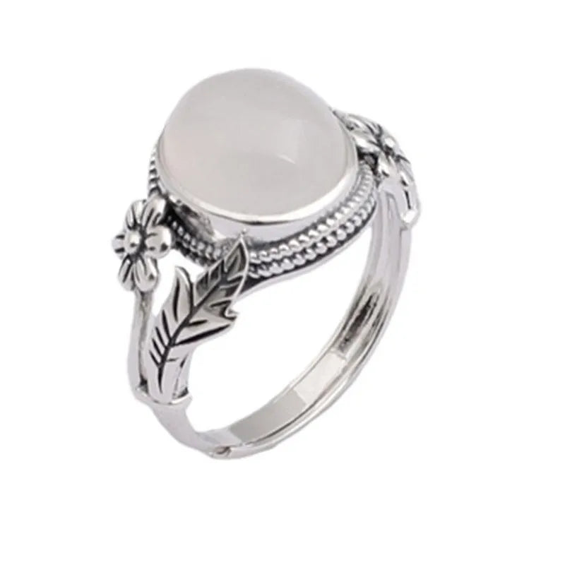 Copper adjustable open mouth vintage ring with white chalcedony imitation stone and U-shaped design