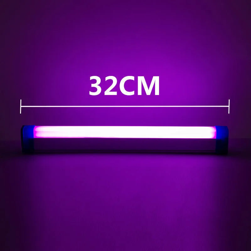 Blue and purple rechargeable LED tube night light with USB cable and dimmable switch.