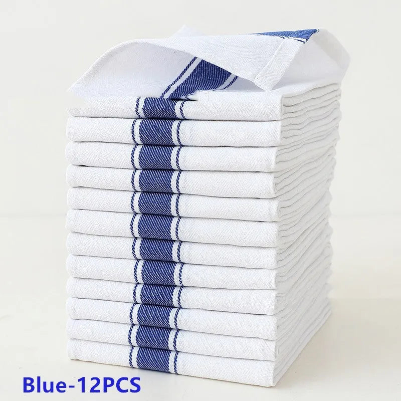 Set of twelve striped cotton blend kitchen dish towels in various colours, each measuring 48 by 70 centimetres.