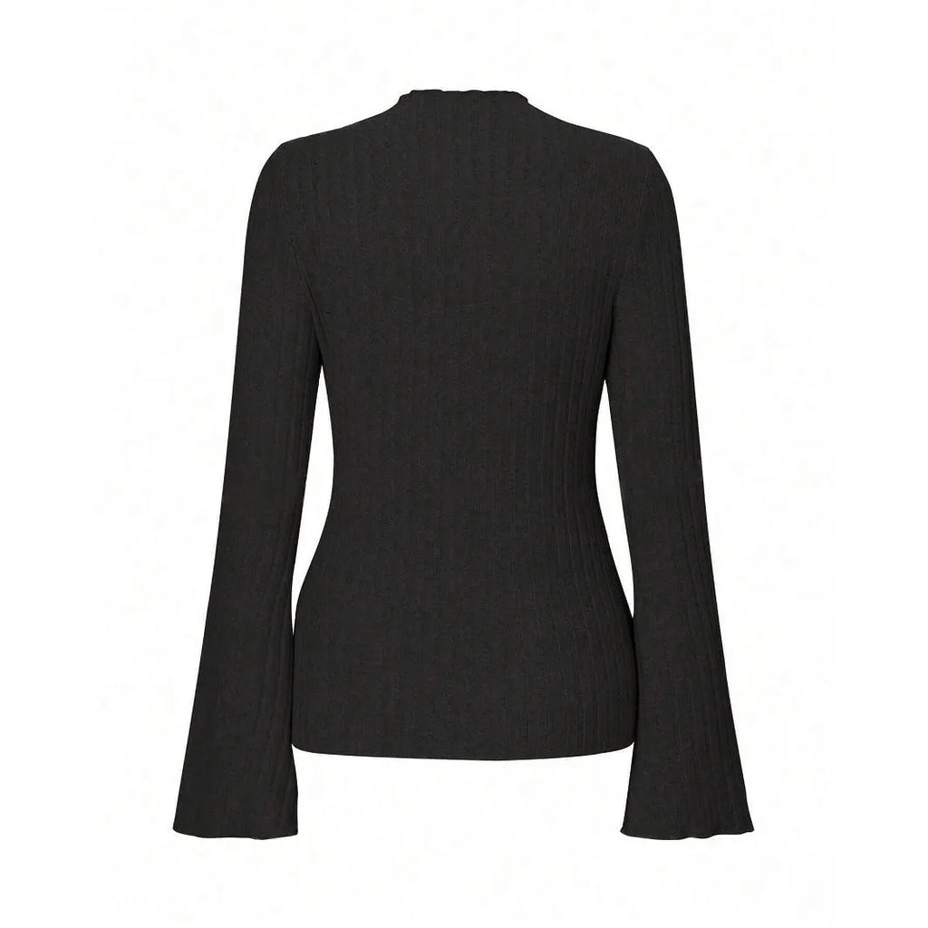 Black slim fit long sleeve top with round neck and lantern sleeves on a mannequin.