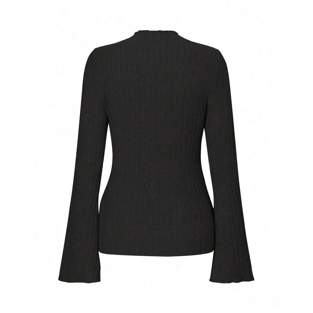 Black slim fit long sleeve top with round neck and lantern sleeves on a mannequin.