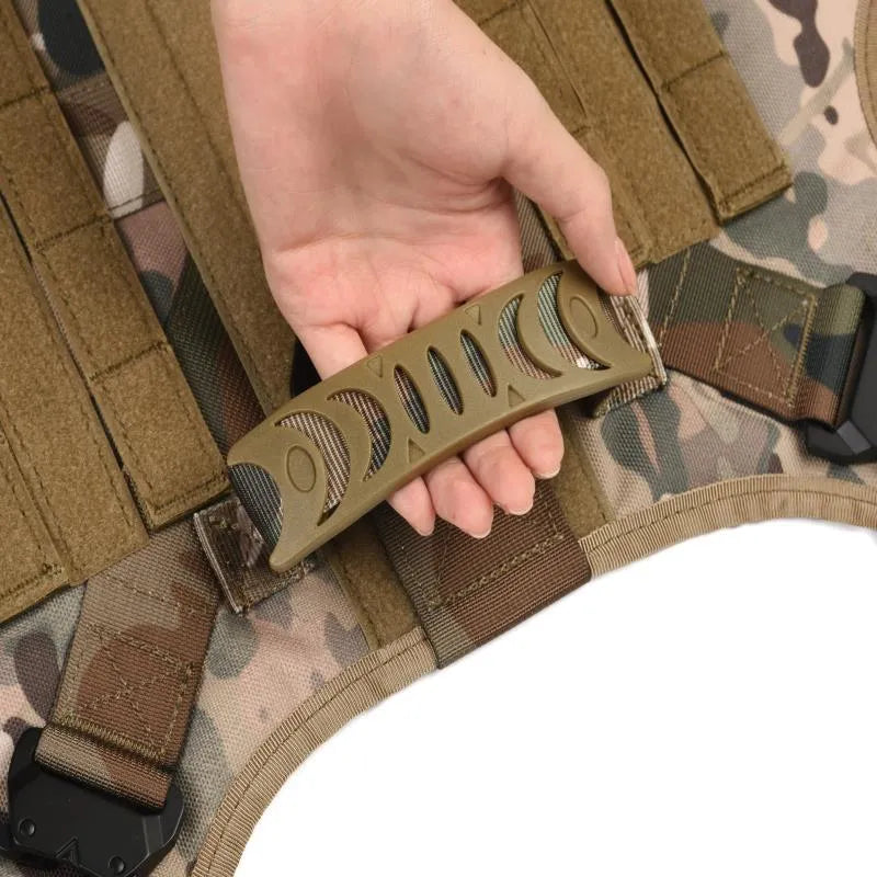 Dog wearing six-piece combat training vest in black polyester with multiple attachment points