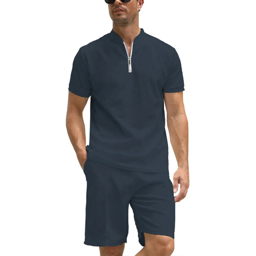 Men's solid colour polo shirt and trousers two-piece set in polyester beaded bird's eye fabric