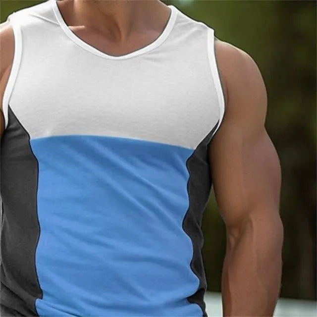 Men's blue cotton blend running vest showing sporty design with European and American sizing options