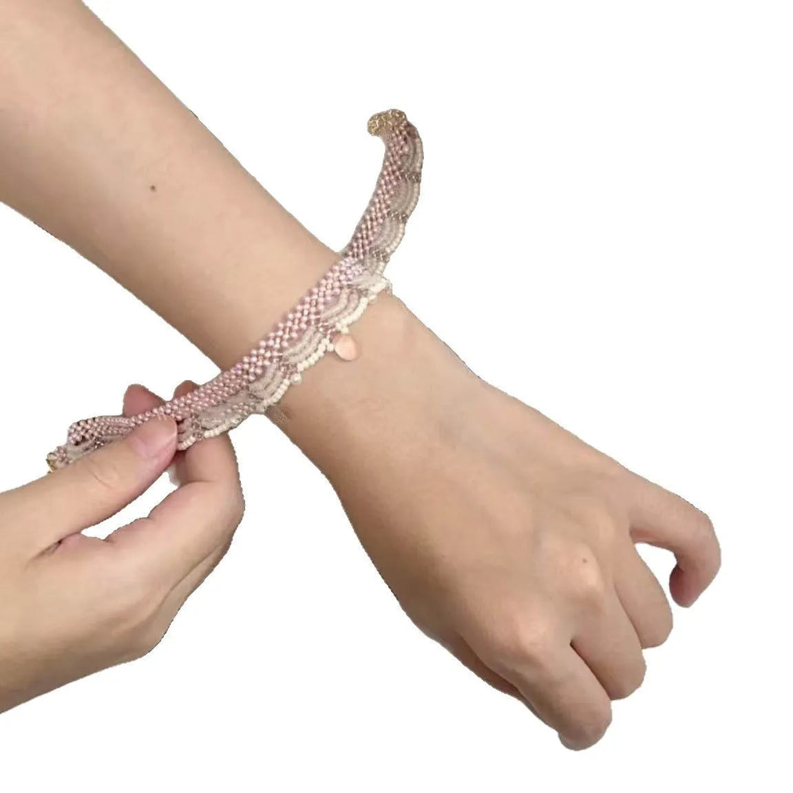 Hand-woven pink glass bead tassel necklace with alloy pendant on regular chain