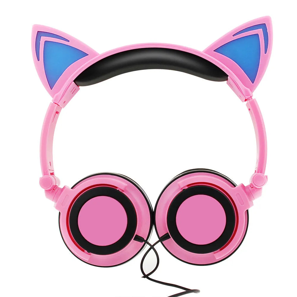 Colourful LED cat ear headphones with glowing ears and cushions, showing 3.5mm plug.