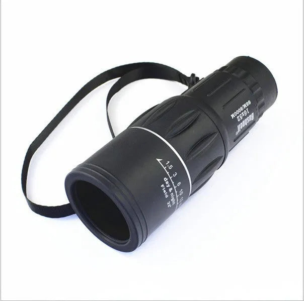 Black 16x52 high-power monocular with waterproof body and enhanced green film lenses.