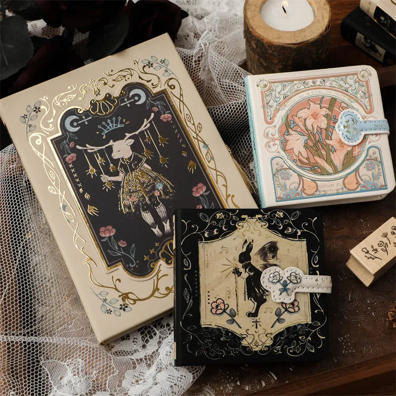 Retro art A5 notebook with gothic style cover designs showing rabbit motifs, forest themes, and fruit patterns