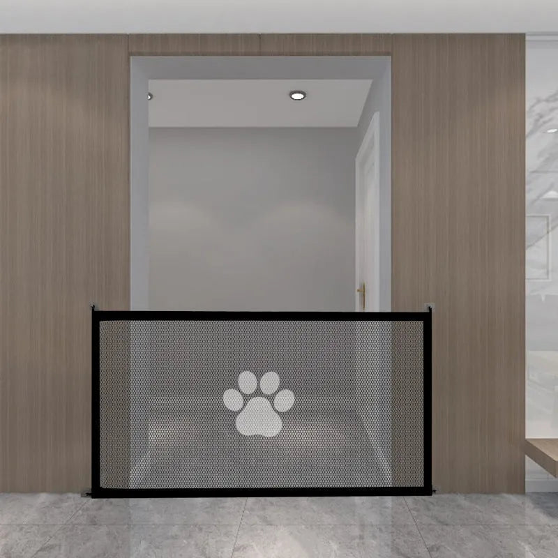 Folding dog barrier fence showing black dog footprint design on white background