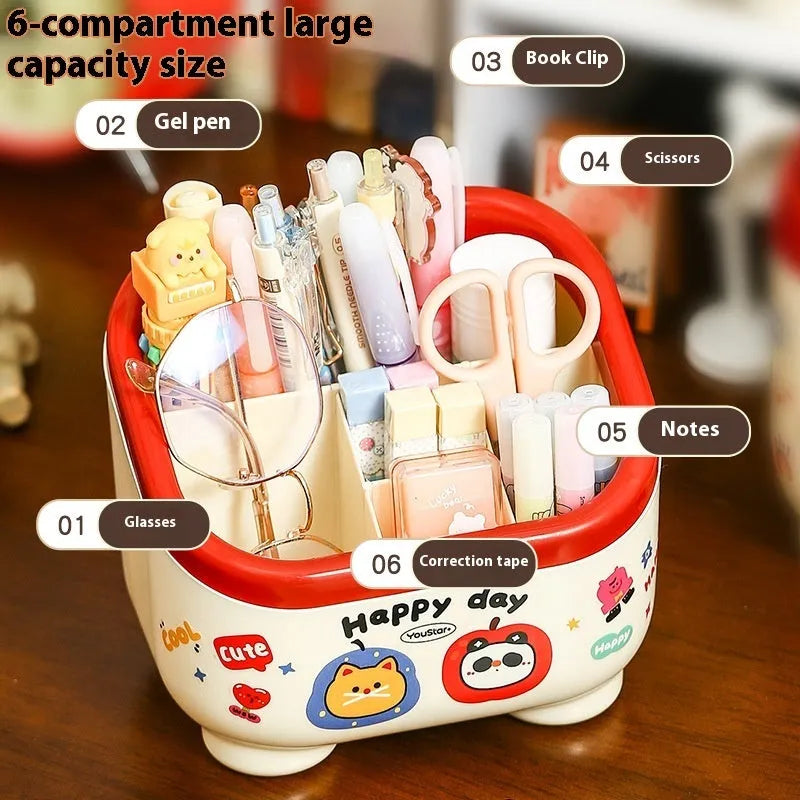 Red and brown cartoon-style desktop storage organiser with grid pattern and sticker set for labelling.