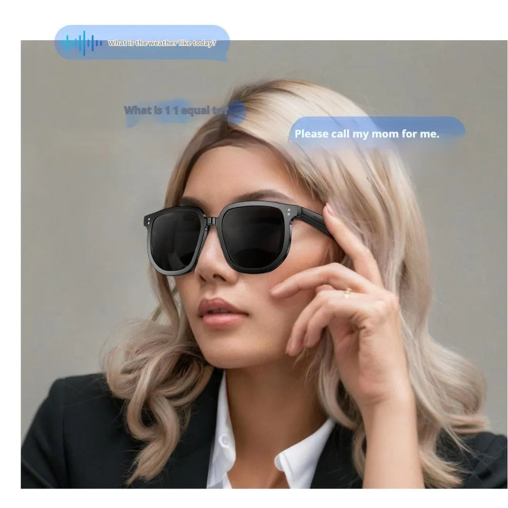 Black PC frame Bluetooth smart sunglasses with touch controls on the temple.