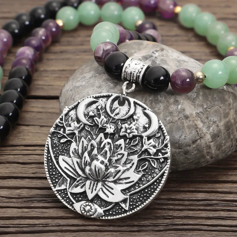 Yoga lotus pendant necklace with stone beads and matching bracelet set